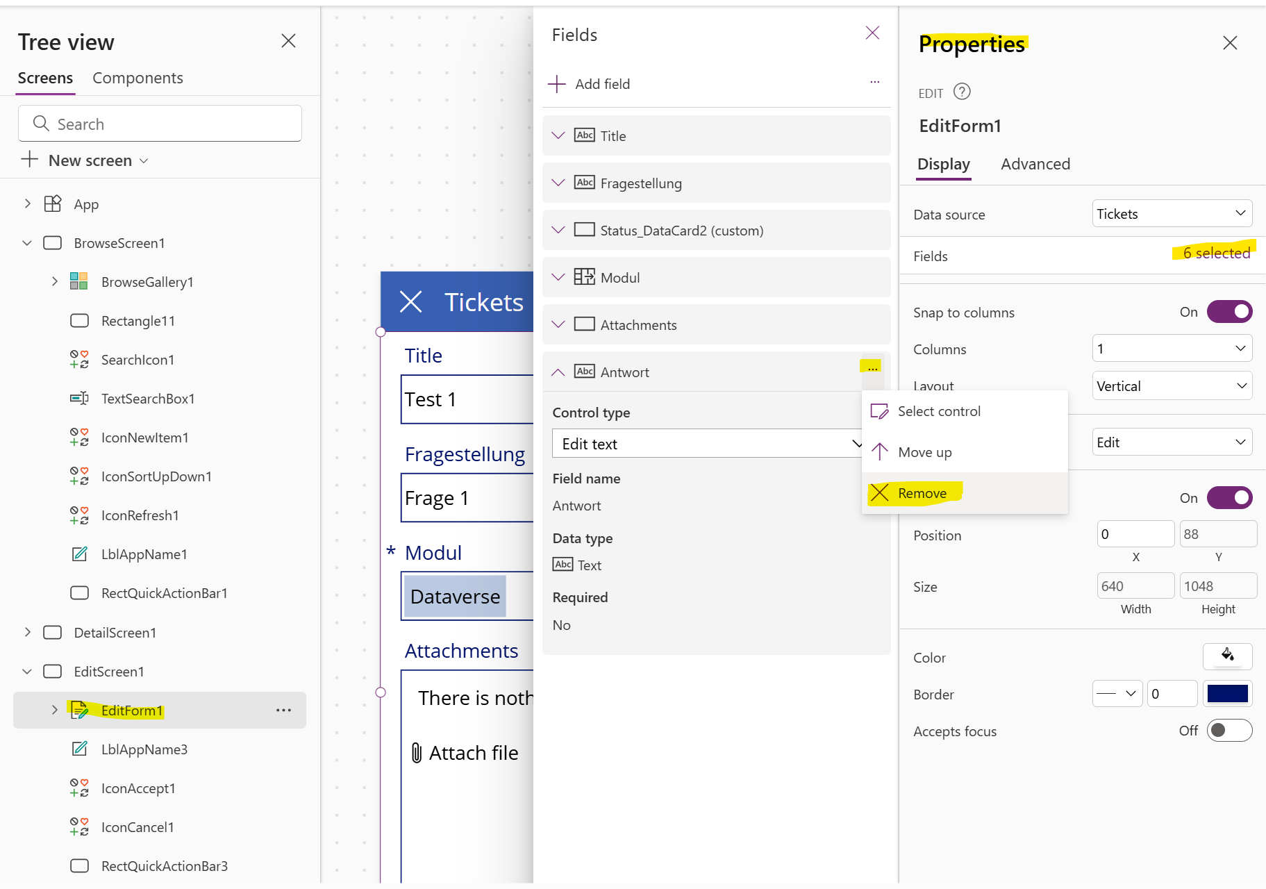 Felder aus Power App Formular entfernen