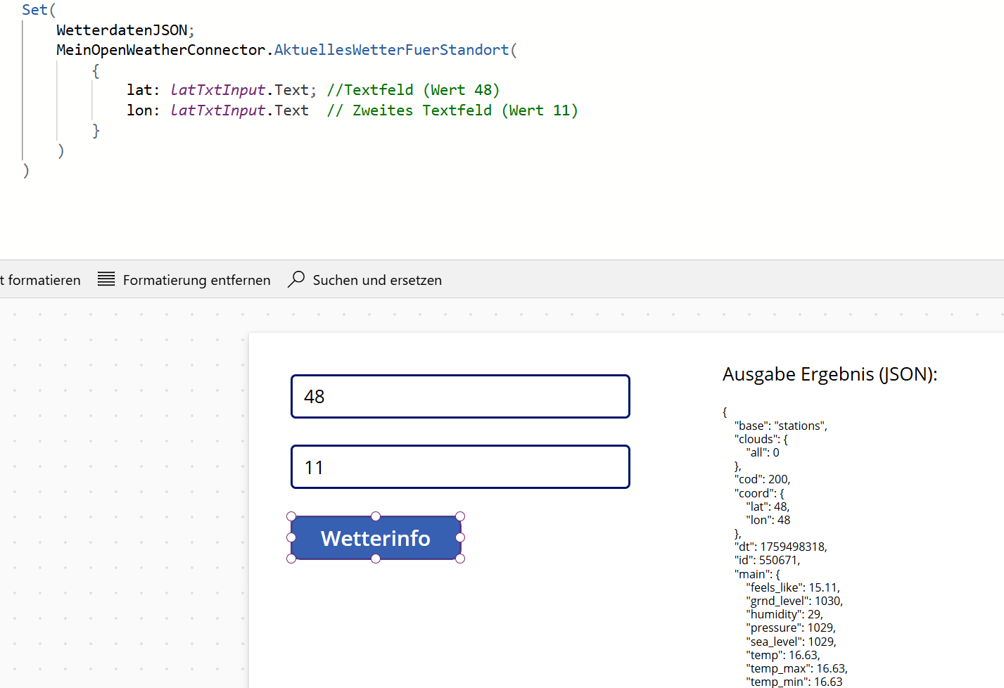 Power Apps Canvas: Ausgabe der Wetterdaten